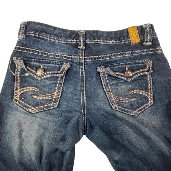 Maurices Thick Stitch Jeans Embroidered Women 7/8 34x31 Blue Bootcut Mid Rise * - Picture 6 of 15